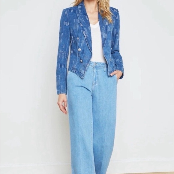 L'AGENCE Wayne Patchwork Denim Crop Blazer, Size L Excellent Condition - Picture 16 of 16